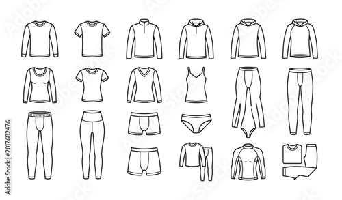 Minimal thermal underwear and base layer vector icons in black white line art style