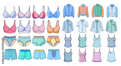 Schilderij op canvas Clothing and underwear vector icon set, 32 fashion apparel elements, colorful li