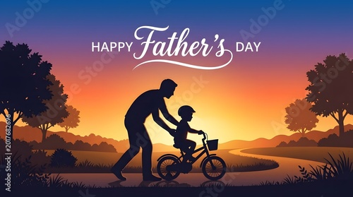Happy fathers day celebration with father and child riding bike at sunset