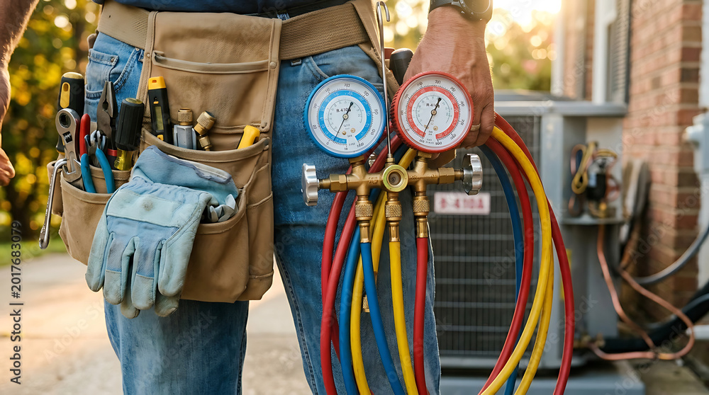 Obraz premium HVAC technician holding manifold gauge set for air conditioner repair service.