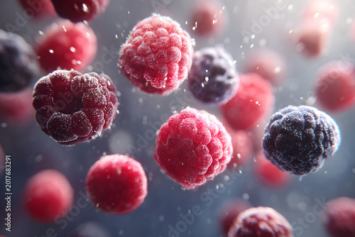 Fresh raspberries floating in the air with light shining through in a dark background setting