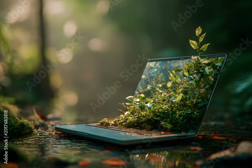 Laptop with plants growing from the screen in a forest setting during daytime