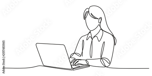 Tableau sur toile Continuous single line drawing of woman working on a laptop computer