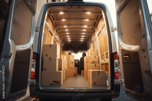 Delivery van filled with cardboard boxes at sunset outside a warehouse in an urban area