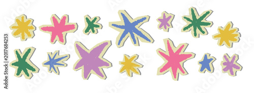 Set of grunge pencil explosion shapes with chalk texture. Drawn abstract stars elements. Collage scrapbook multicolor stickers.