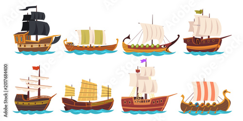 Old sailboat ships. Wooden ship cartoon ancient sail boat, pirate schooner vintage sea vessel ocean water warship galleon caravel historical transport classy vector illustration