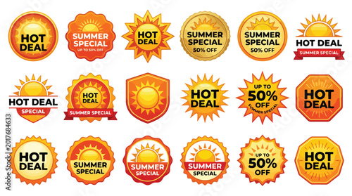 Summer sale badges set, hot deal promotional stickers with sun icons, 18 orange and yellow discount labels for seasonal marketing campaigns