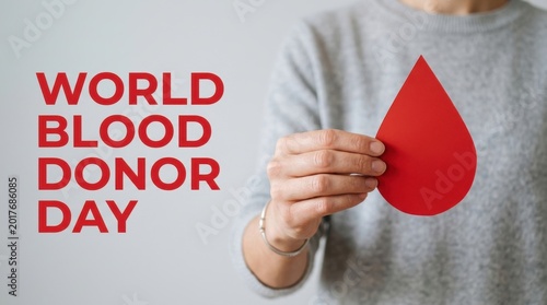 World Blood Donor Day concept, person holding red paper blood drop, healthcare awareness campaign for blood donation and life saving
