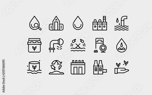 Tablou pe pânză set line icons of waste water, linear water treatment icons for drainage system, sewage disposal, sanitation service and clean water recycling process design