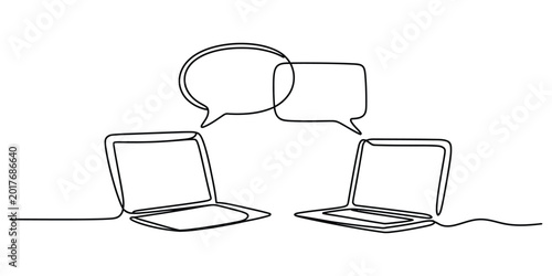 Foto Two laptops with speech bubbles in continuous single line drawing style