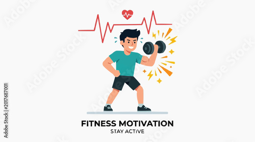 Fitness Motivation & Stay Active: A vibrant illustration showcasing a person actively engaged in weightlifting, accompanied by motivational text encouraging an active lifestyle.