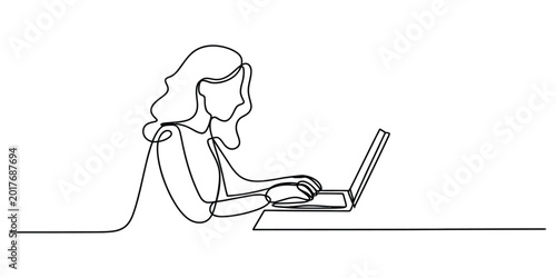 Woman working on a laptop continuous single line drawing