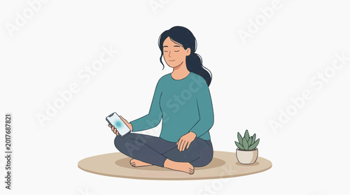 Woman meditating with phone in lotus pose on rug with potted plant vector style