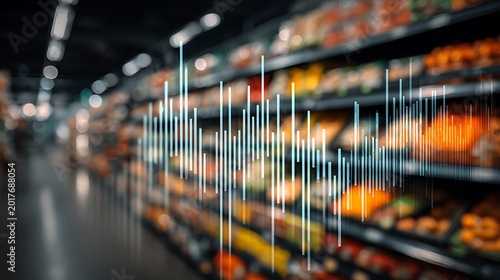Digitized data overlaying a blurred view of a grocery store's produce section, showing shelves