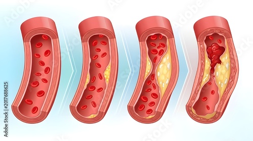 Illustration of artery with plaque buildup in four stages