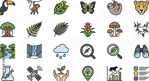 Photography Rainforest wildlife and research icons set flat line art style on white