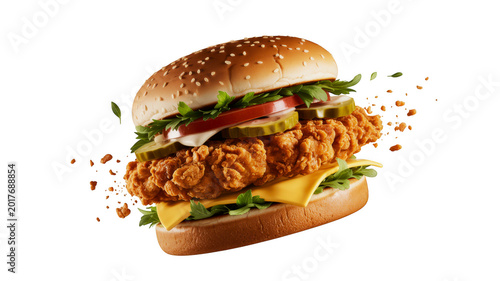 Crispy chicken burger with ingredients for fast food ads