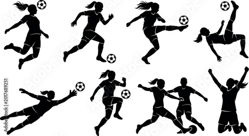 Set of female soccer player silhouettes in various action poses