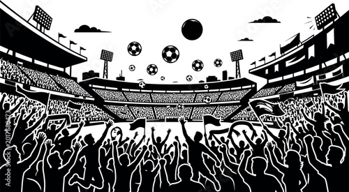 Silhouette illustration of a soccer stadium crowd with balls in the air