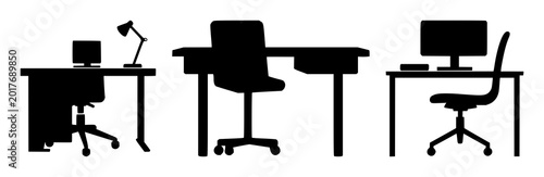 Desk chair set with solid black icon on white background featuring office furniture, seating, workspace with vector illustration and graphic design