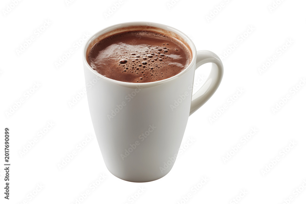 Fototapeta premium A white ceramic mug filled with hot dark chocolate drink isolated on transparent background