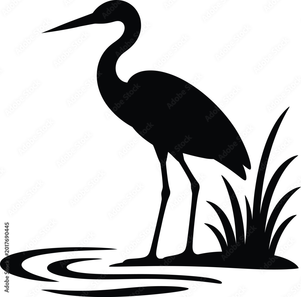 Naklejka premium Silhouette of a heron standing in water with reeds
