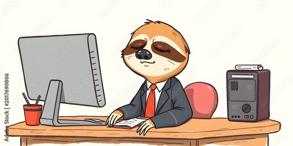 Fototapeta premium Adorable sloth character in crayon drawing style wearing office suit and tie, sitting tired at a desktop computer with an exhausted overworked expression.