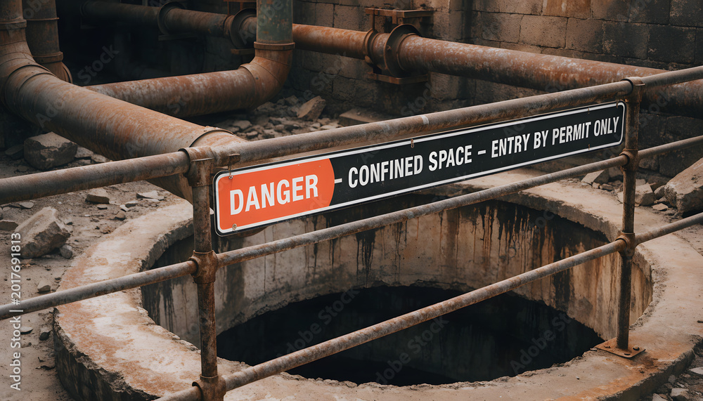 Fototapeta premium Searchable Title: Danger Confined Space Entry by Permit Only Industrial Hazard Site