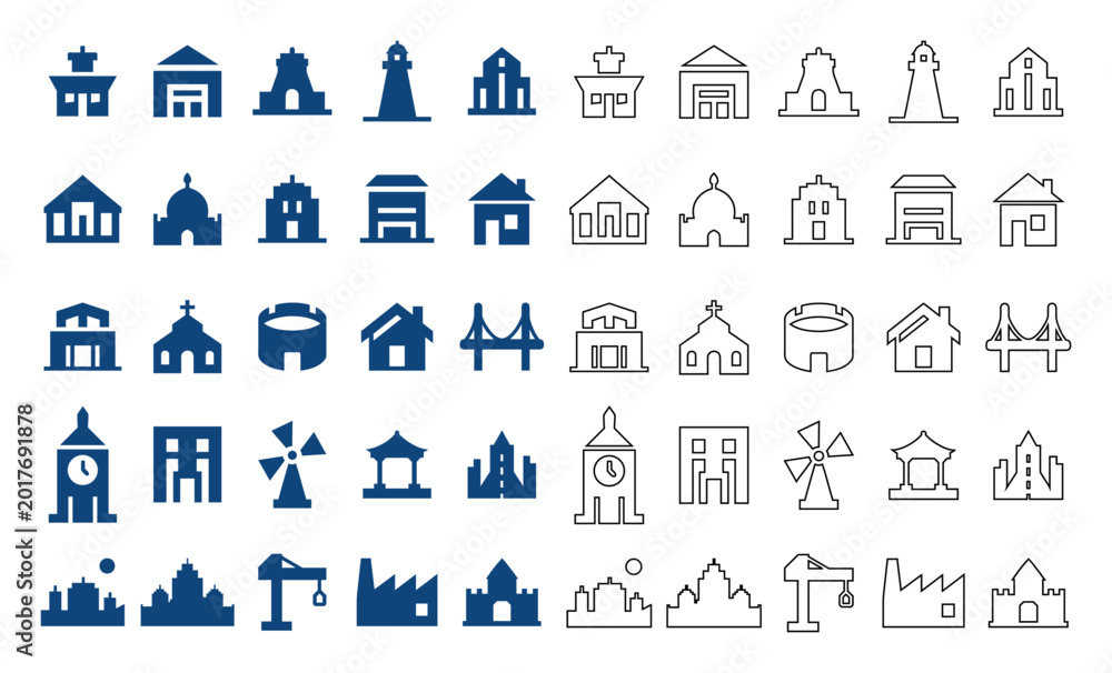 Fototapeta premium Building city icons set with architecture and landmark symbols.