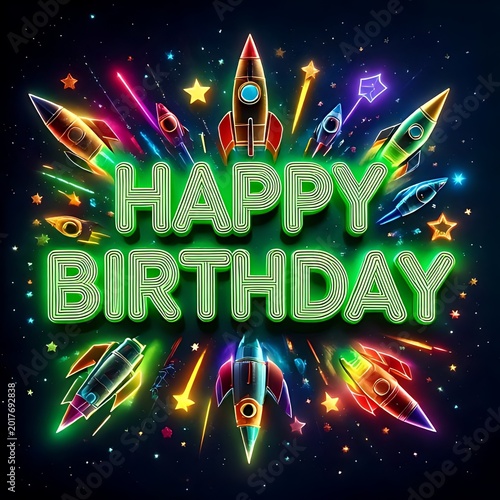 Neon rockets blast across starry birthday sky