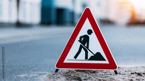 Roadwork warning sign placed on urban street, indicating construction work in progress and safety ahead