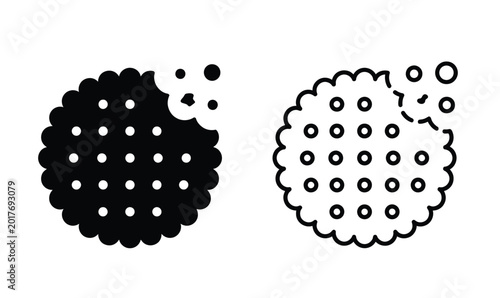 Bild auf Leinwand Bitten cookie vector icons, black and white biscuit symbols with crumbs, round s