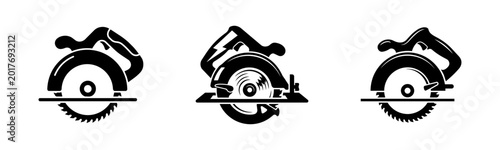 Circular Saw Vector Icon Set, Power Tool Logo Templates for Carpentry and Construction, Professional Hardware Graphics, Solid Black Minimalist Saw Illustrations.