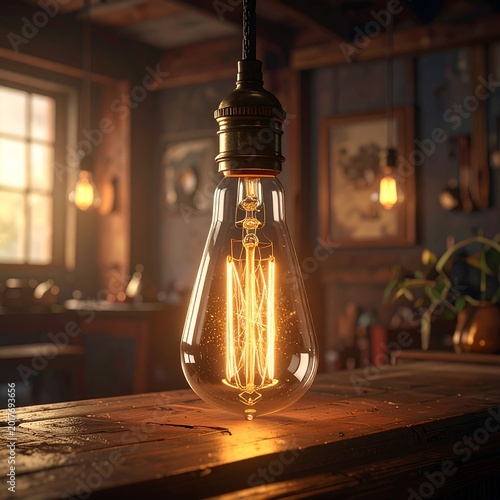 Antique lightbulb glows warmly in rustic setting