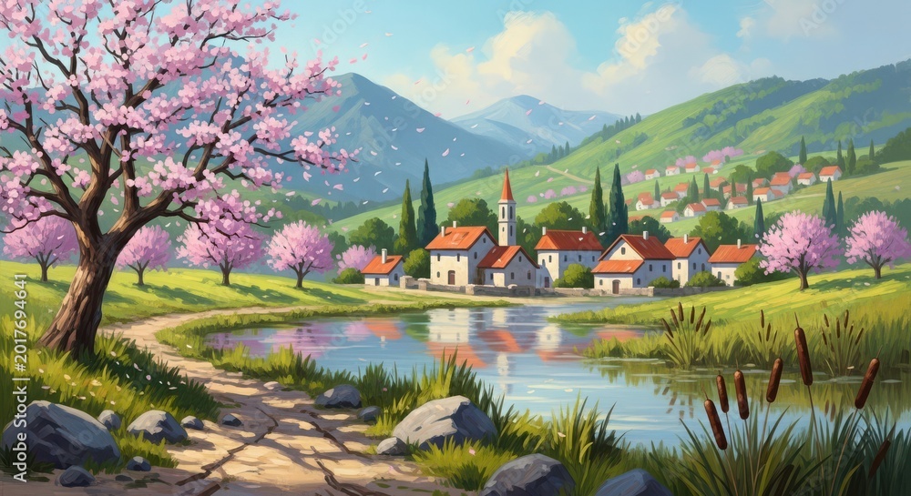 Fototapeta premium Beautiful spring landscape featuring blooming cherry trees and quaint rural houses.