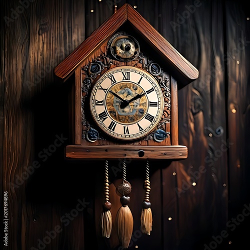 Antique wooden cuckoo clock with ornate face