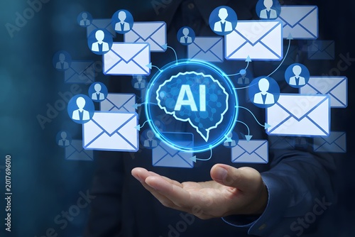 AI-powered email marketing solution. AI-optimized and personalized mail writing. Businessperson holding artificial intelligence icon.