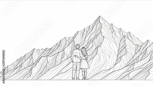 Photos 2D CAD drawing of couple standing on mountain peak with 2D CAD design