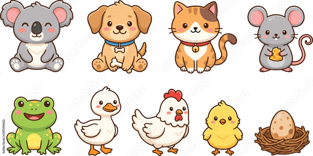 Obraz premium Cute Animal Characters Including Koala, Dog, Cat, Frog, and Chicken for Kids Animal Illustration in Kawaii Style