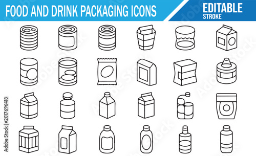 Food and Drink Packaging Line Icons Set with Editable Stroke for Grocery Containers and Beverage Products