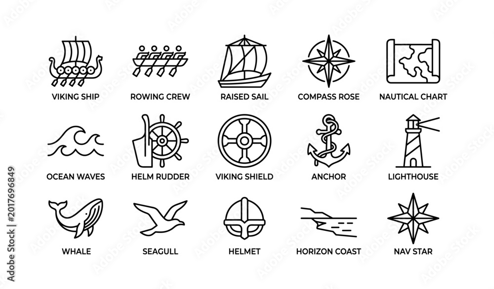 Fototapeta premium Nautical and viking line icons arranged on white background