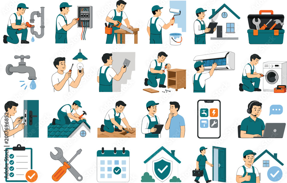 Fototapeta premium Home Repair Maintenance Flat Vector Mini Illustration Set