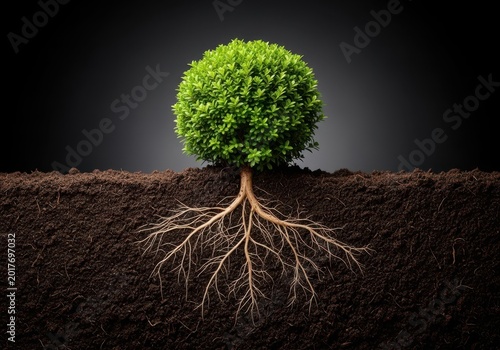 Dark, fertile soil supporting the growth of a healthy garden hedge. Essential nutrients for robust shrub roots and landscaping success, earth, fertilizer, root