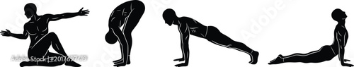 Fotografía Black silhouettes of a man performing yoga asanas including cobra pose plank and