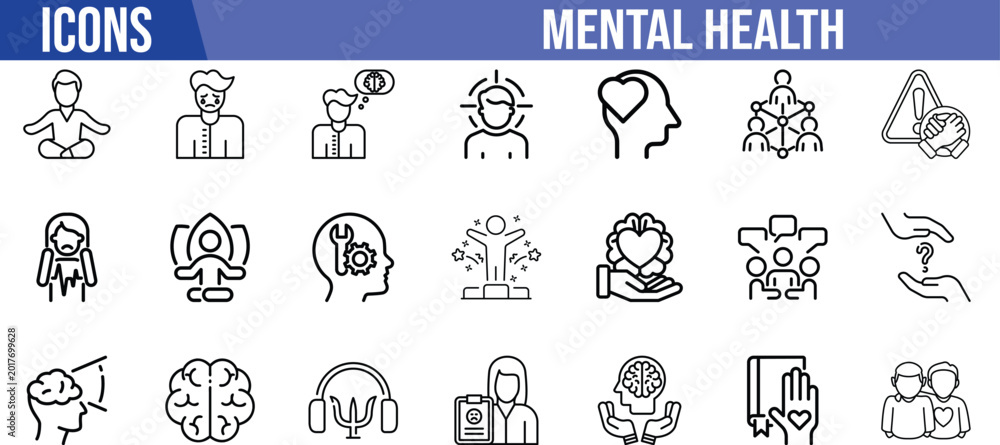 Fototapeta premium Mental health psychology therapy icons. brain icon set, heart icon set, headphones icon set