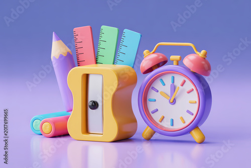 Back to school concept with cute 3D cartoon stationery and alarm clock for education design