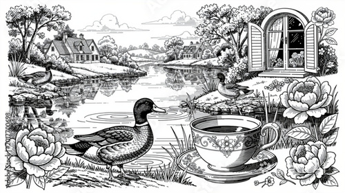 Tableau sur toile Black duck in water garden pond.