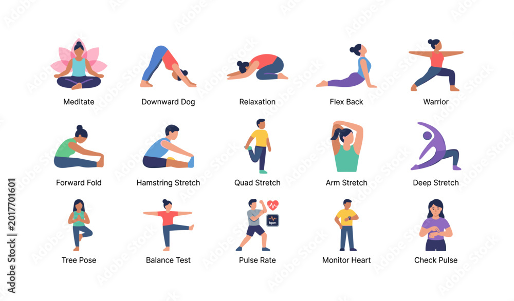 Fototapeta premium Illustrated people performing yoga poses on white background