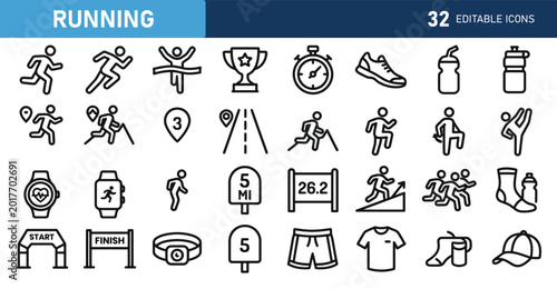 Photos Set of 32 outline icons related to running