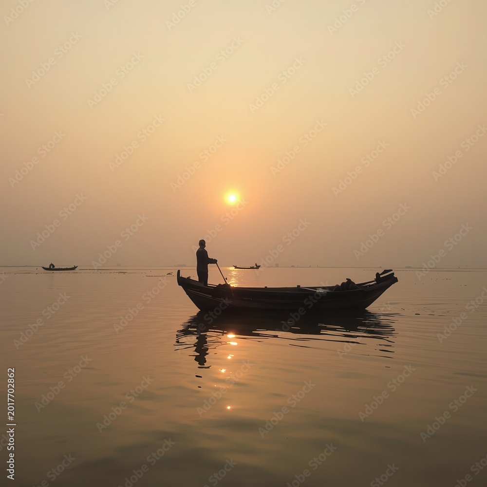Obraz premium Silhouette of a lone fisherman in a small boat on the water at sunrise